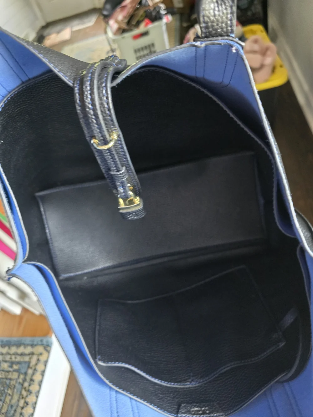Women's Black (PVC That Feels Like Leather) Tote Bag with Blue Interior